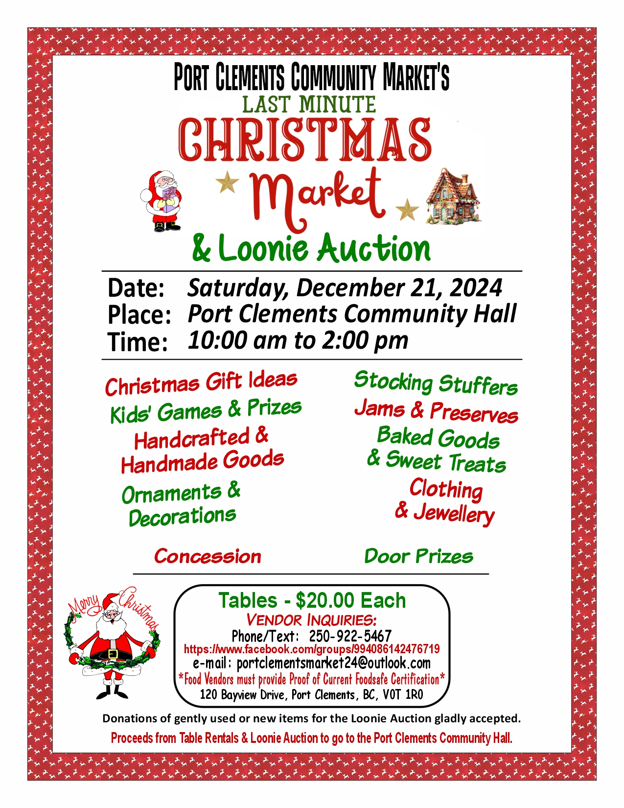 Port Clements Community Market Last Minute Christmas Market and Loonie Auction